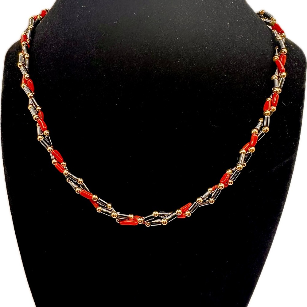 Vintage Italian Capri beaded necklace w/orange coral-black hematite-& gold beads